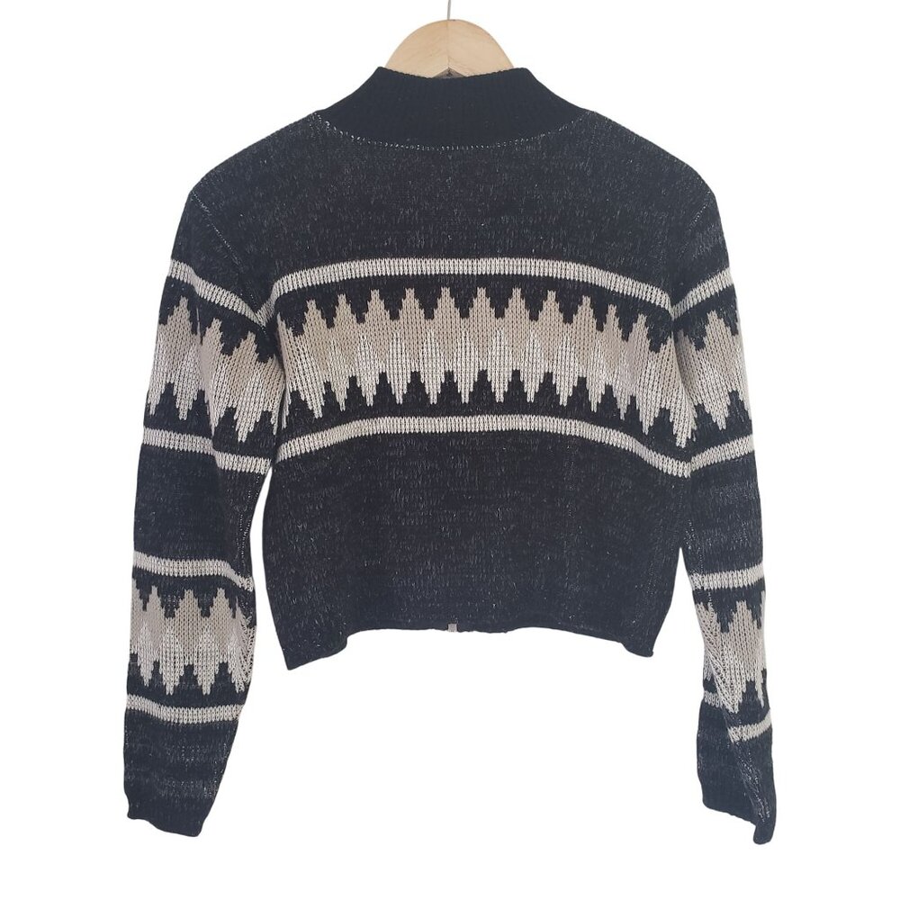 Domani Zip Up Sweater Medium Black Geometric Cropped Mock Neck Vintage 90s USA‎ - Picture 2 of 5